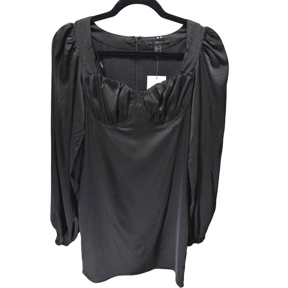Mini Satin Black Dress Size Small Ruched Bustier‎ Puff Sleeve New Forever 21